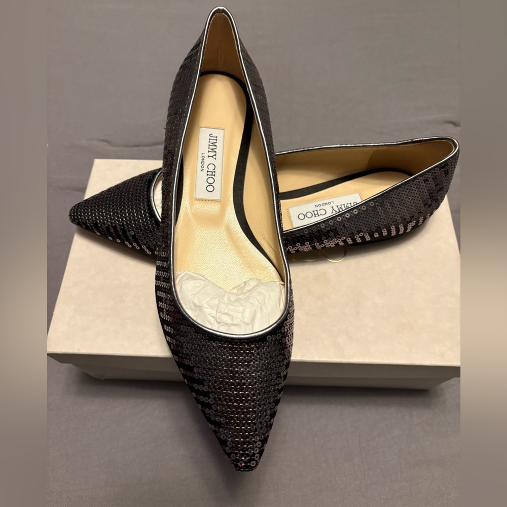Jimmy Choo Romy Glittering Black/Gunmetal Sequin Flats